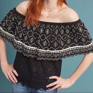 Hemant & Nandita Mavra Black Eyelet Lace Off the Shoulder Embroidered Blouse M
